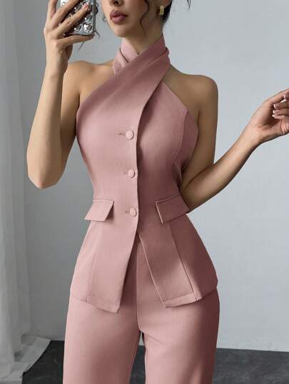 طقم حريمي قطعتين Modelyn العيد طقم قطعتين نساء أنيق من ملابس علوية حالتر أحادية الصدر وبنطال ضيق، لون أحادي، ملابس رسمية عمل