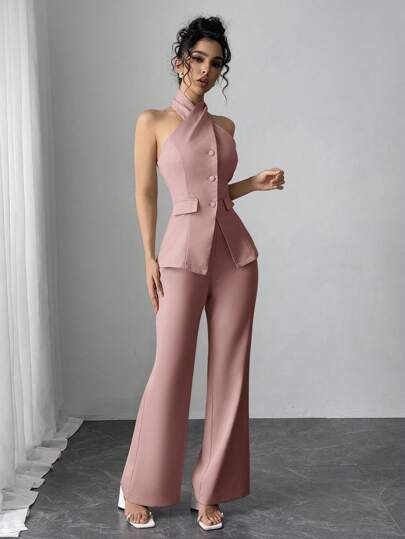 طقم حريمي قطعتين Modelyn العيد طقم قطعتين نساء أنيق من ملابس علوية حالتر أحادية الصدر وبنطال ضيق، لون أحادي، ملابس رسمية عمل
