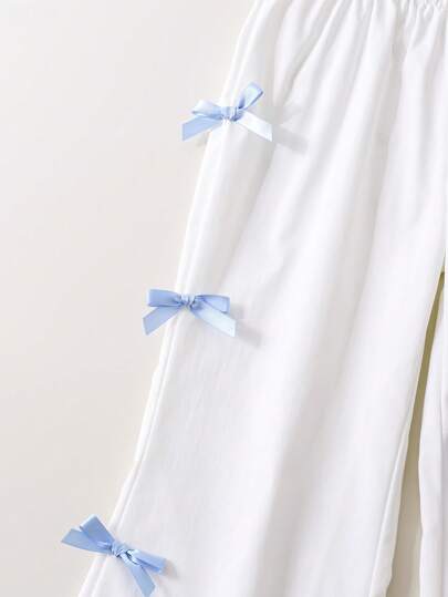 SHEIN Genkimix Kids قطعتان / مجموعة قميص أكمام قصيرة منتفخة مطبوع عليه فيونكة وبنطلون للفتيات الصغار