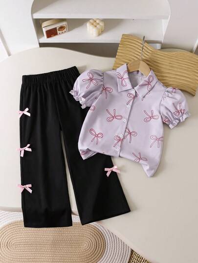 SHEIN Genkimix Kids طقم من 2 قطعة، بلوزة كم قصير منتفخ ذات طبعة فيونكة مع بنطال، مناسب للفتيات الصغيرات