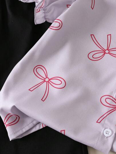 SHEIN Genkimix Kids طقم من 2 قطعة، بلوزة كم قصير منتفخ ذات طبعة فيونكة مع بنطال، مناسب للفتيات الصغيرات