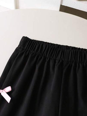 SHEIN Genkimix Kids طقم من 2 قطعة، بلوزة كم قصير منتفخ ذات طبعة فيونكة مع بنطال، مناسب للفتيات الصغيرات