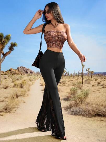 EZwear بناطيل نسائية لون أحادي الخصر المطاطي ذات الأربطة والتصميم المنفرج