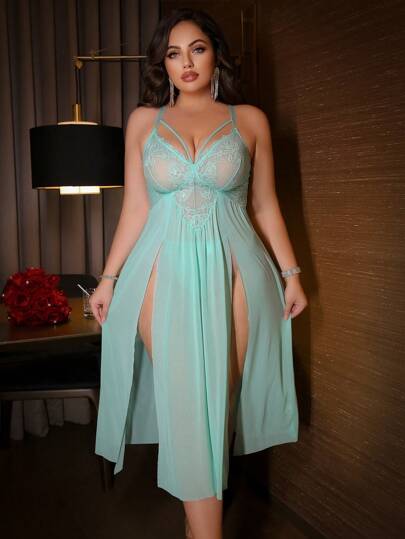 SHEIN مجموعة ٢ قطعة: بيبي دول سكسي شبكي وشرائط دانتيل لأحجام كبيرة + سروال جي-سترنج