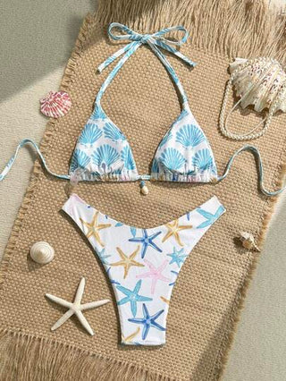 Swim Mod طقم بكيني مكون من 2 قطعة ، ملابس علوية مثلث وسراويل سباحة قصيرة ، بطبعات عشوائية لأصداف ملمس مصممة لموسم الصيف، طقم ملابس سباحة جذاب'