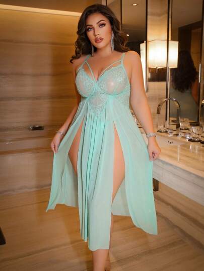 SHEIN مجموعة ٢ قطعة: بيبي دول سكسي شبكي وشرائط دانتيل لأحجام كبيرة + سروال جي-سترنج