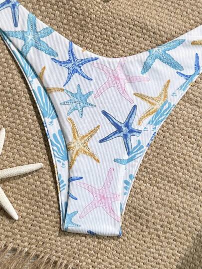 Swim Mod طقم بكيني مكون من 2 قطعة ، ملابس علوية مثلث وسراويل سباحة قصيرة ، بطبعات عشوائية لأصداف ملمس مصممة لموسم الصيف، طقم ملابس سباحة جذاب'