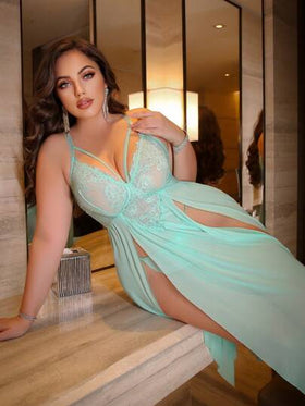 SHEIN مجموعة ٢ قطعة: بيبي دول سكسي شبكي وشرائط دانتيل لأحجام كبيرة + سروال جي-سترنج