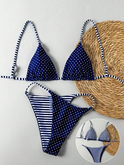 طقم تانكيني حريمي Swim Mod مجموعة بكيني وتانكيني نسائية قابلة للعكس مع طباعة شريطية ونقطية قطعتين