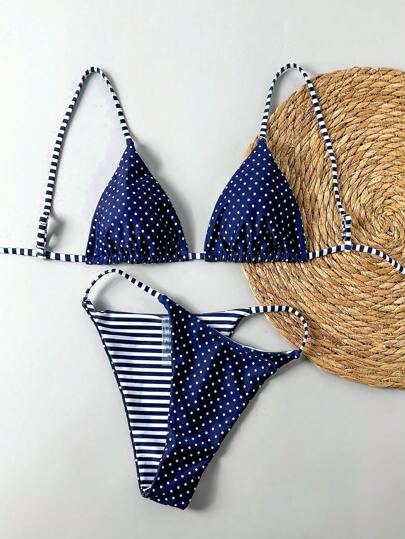 طقم تانكيني حريمي Swim Mod مجموعة بكيني وتانكيني نسائية قابلة للعكس مع طباعة شريطية ونقطية قطعتين