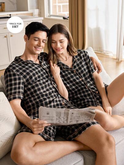 CoupledUp بيجامة رجالية مكونة من قميص أكمام قصيرة بياقة شارل ذو أزرار وشورت