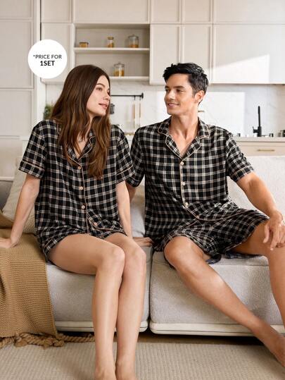 CoupledUp بيجامة رجالية مكونة من قميص أكمام قصيرة بياقة شارل ذو أزرار وشورت