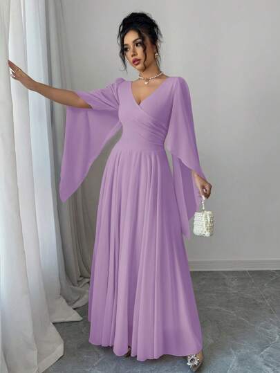 Elenzga فستان سيدة أنيق طويل الأكمام بتصميم روماني أنيق مع شق في الخصر وياقة على شكل حرف V للإجازات