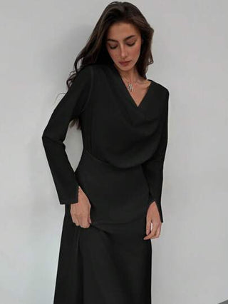 فساتين حريمي Aloruh فستان كاجوال بأكمام طويلة وتنانير ياقة متدلية وخصر كشكش خط A، لون أنيق داكن