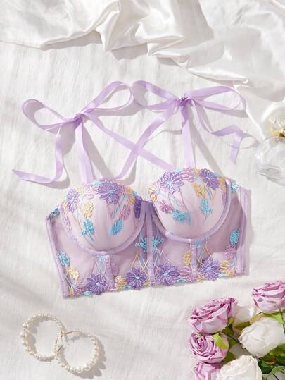 SHEIN قطعة واحدة من ملابس داخلية نسائية مطرزة بسلك داخلي، بسيطة وعصرية، مناسبة للملابس الداخلية الصيفية الجذابة