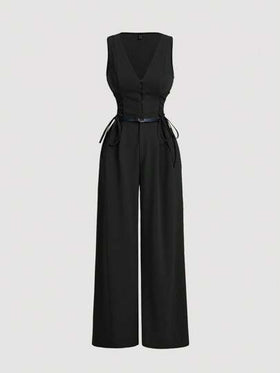 SHEIN MOD بدلة نسائية سوداء بسترة و ربطة عنق ،جمبسوت كاجوال رسمية حزام (مع حزام)، جمبسوت قطعة واحدة
