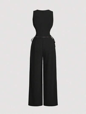 SHEIN MOD بدلة نسائية سوداء بسترة و ربطة عنق ،جمبسوت كاجوال رسمية حزام (مع حزام)، جمبسوت قطعة واحدة