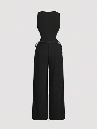 SHEIN MOD بدلة نسائية سوداء بسترة و ربطة عنق ،جمبسوت كاجوال رسمية حزام (مع حزام)، جمبسوت قطعة واحدة
