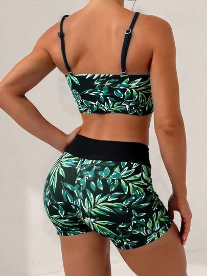 Swim طقم بكيني قصير ذو رسم نباتي استوائي بخيط لربط الخصر، للنساء في الصيف، على الشاطئ، رسم عشوائي