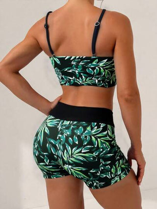 Swim طقم بكيني قصير ذو رسم نباتي استوائي بخيط لربط الخصر، للنساء في الصيف، على الشاطئ، رسم عشوائي