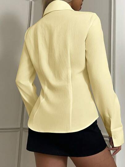 EZwear قميص أبيض طويل الأكمام رفيع مزين بالتطريز للنساء
