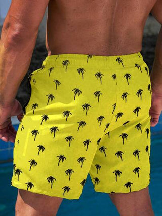 Manfinity Swimmode شورتات الشاطئ للرجال بخصر رباط وطبعة أشجار النخيل