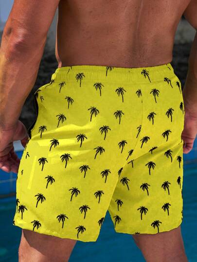 Manfinity Swimmode شورتات الشاطئ للرجال بخصر رباط وطبعة أشجار النخيل