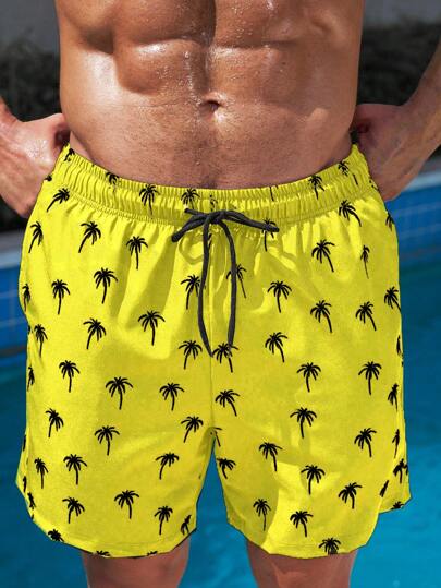 Manfinity Swimmode شورتات الشاطئ للرجال بخصر رباط وطبعة أشجار النخيل