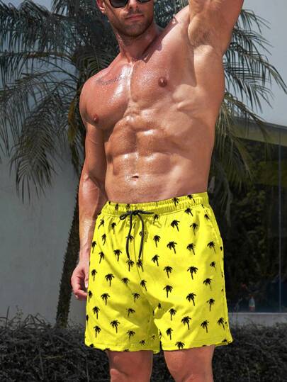 Manfinity Swimmode شورتات الشاطئ للرجال بخصر رباط وطبعة أشجار النخيل