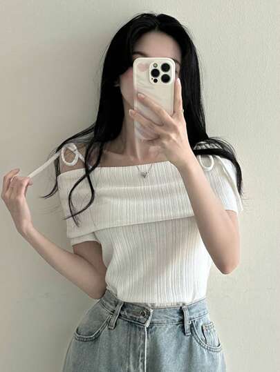 DAZY تي شيرت نسائي أنيق أكمام قصيرة بطبعة لون واحد مثبت بحمالات سباغيتي ،صيفي