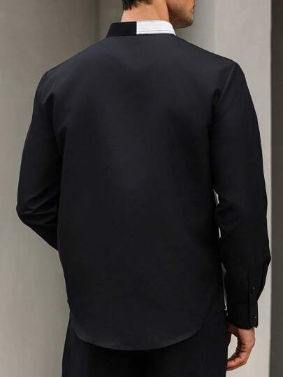 Manfinity CasualCool قميص كاجوال بأكمام طويلة وأزرار أمامية، بتصميم لون طبقة مخاط للرجال
