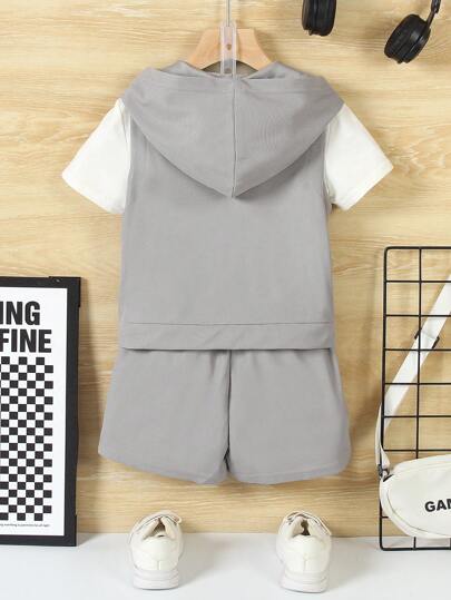 SHEIN Genkimix Kids مجموعة من 2 قطعة للأولاد الصغار، سترة هودي محبوكة وقصيرالأرجل ذات لون أحادي تناسب الصيف، قماش ناعم ومريح مناسب لارتداء اليومي