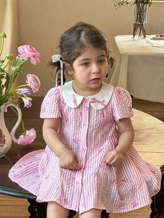 فساتين بيبي فستان كاجوال مزين بفيونكة وأشرطة منسوجة للبنات الرضع