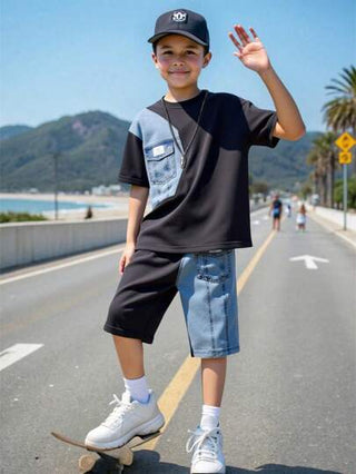 Genkimix Kids طقم تيشيرت وشورت كاجوال ملوّن للأولاد من الجينز المرقّع، مناسب للارتداء اليومي في فصلي الربيع والصيف