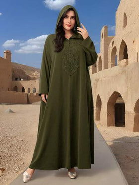 Al Najma عباءة أبيه بغطاء رأس باللون الأخضر الجيش مع لوحة دانتيل أنيقة وأكمام طويلة: فستان مُحتشم من قماش منسوج للارتداء اليومي بمقاسات كبيرة