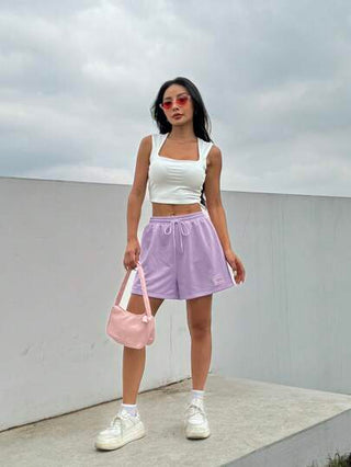 EZwear شورت رياضي وردي فاتح مرن بخصر رباط لربيع وصيف واسع وشكل عفوي بتفاصيل ملحقة