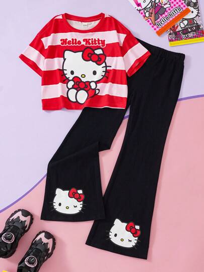 girls sets HELLO KITTY AND FRIENDS |  طقم لفتاة المراهقة مكون من تي-شيرت أكمام قصيرة بطباعة قطة كرتونية مخططة بطراز لطيف وأناقة الجامعة، وبنطلون أسود مفلفل عادي