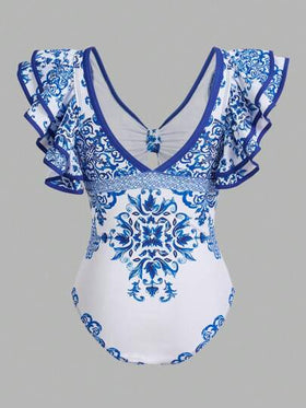 Swim Oasis سباحة/صيف للنساء موديل SS2025 ملابس شاطئ، بدلة سباحة، طبعة خزف أزرق وأبيض، بقطعة واحدة + تنورة قصيرة لتغطية