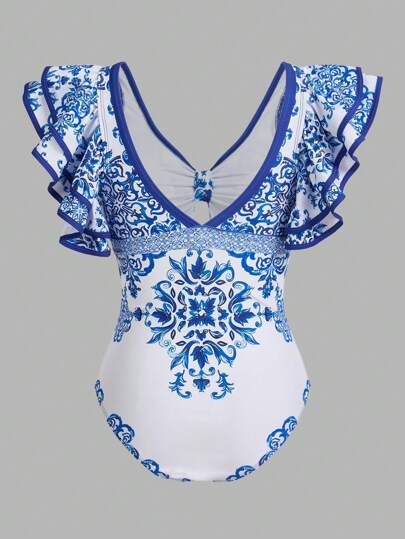 Swim Oasis سباحة/صيف للنساء موديل SS2025 ملابس شاطئ، بدلة سباحة، طبعة خزف أزرق وأبيض، بقطعة واحدة + تنورة قصيرة لتغطية