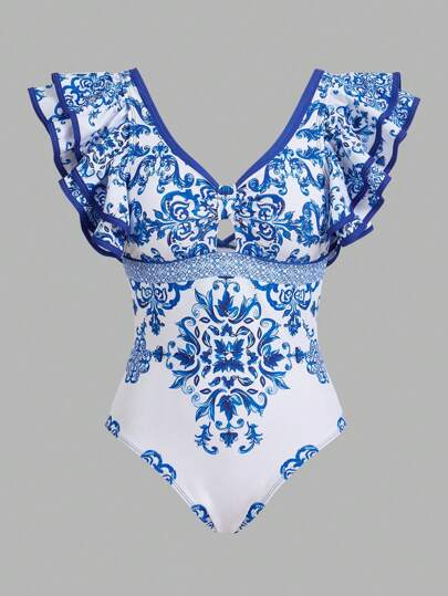 Swim Oasis سباحة/صيف للنساء موديل SS2025 ملابس شاطئ، بدلة سباحة، طبعة خزف أزرق وأبيض، بقطعة واحدة + تنورة قصيرة لتغطية