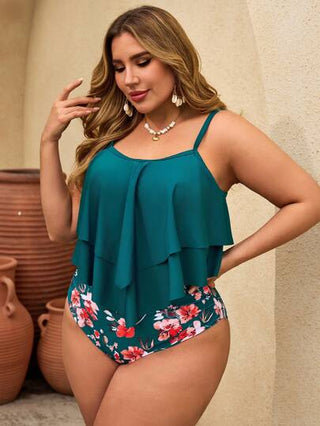 Swim Lushoire بدلة بتصميم قطعتين للسيدات ذوات الحجم الكبير، تتميز بحمالات رفيعة وياقة مستديرة، تنورة مطبقة بشريط خصر، طباعة زهور عشوائية، مناسبة للصيف والعطلات على الشاطئ
