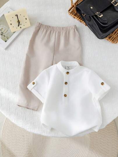 SHEIN طقم قميص كاجوال بياقة بيضاء وبنطال بخصر مطاطي مناسب للمناسبات والحفلات، ملابس للأطفال من الجنسين المناسبة لحفلات أعياد الميلاد والمناسبات المسائية والمناسبات الخاصة كحفلة القمر الكامل أو عيد الميلاد الأول