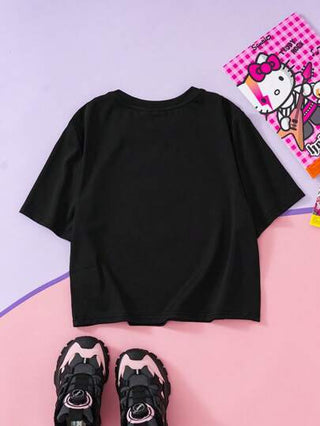ملابس بناتي HELLO KITTY AND FRIENDS |  تي شيرت بأكمام قصيرة للبنات المراهقات بطبعة كريستالية سوداء، متعدد الاستخدامات