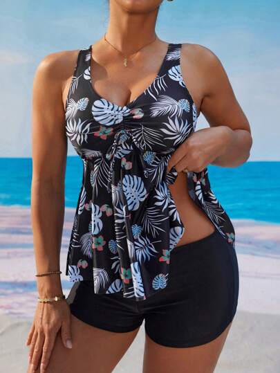 طقم تانكيني حريمي Swim Lushoire طقم ملابس سباحة بيكيني مطبوع بطبعة استوائية، لقضاء العطلات على الشاطىء