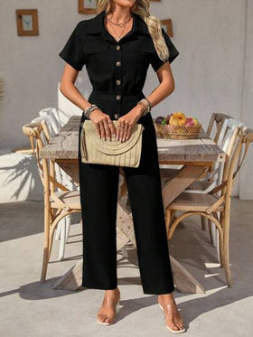 SHEIN Clasi جمبسوت قصيرة الأكمام أحادية الصدر للنساء باللون الصلب