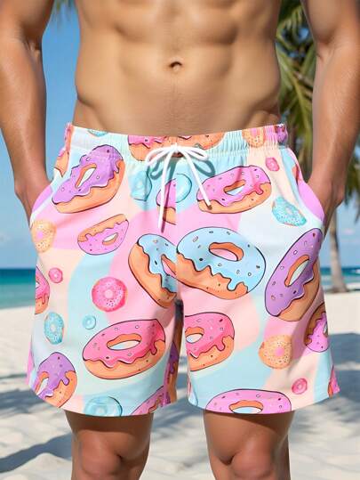 Horizaway بشورتات شاطئية للرجال طبعة دونات من ماركة Manfinity Swimmode، طراز سباحة رجالي هاواي