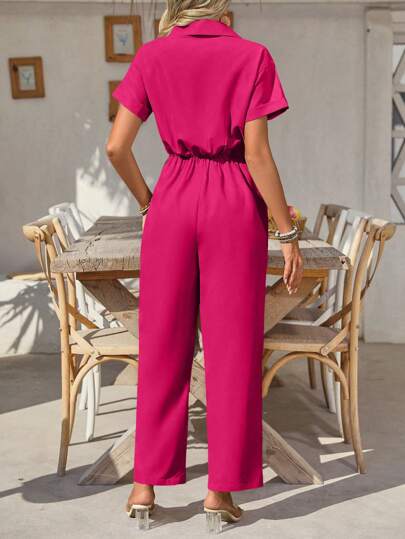 SHEIN Clasi بدلة قصيرة الأكمام سادة مع جيوب عملية للنساء، كاجوال