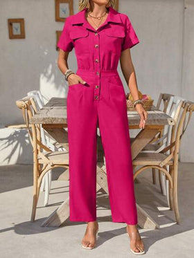 SHEIN Clasi بدلة قصيرة الأكمام سادة مع جيوب عملية للنساء، كاجوال