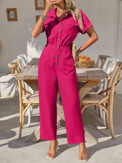 SHEIN Clasi بدلة قصيرة الأكمام سادة مع جيوب عملية للنساء، كاجوال