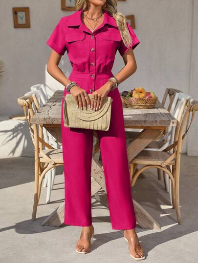 SHEIN Clasi بدلة قصيرة الأكمام سادة مع جيوب عملية للنساء، كاجوال